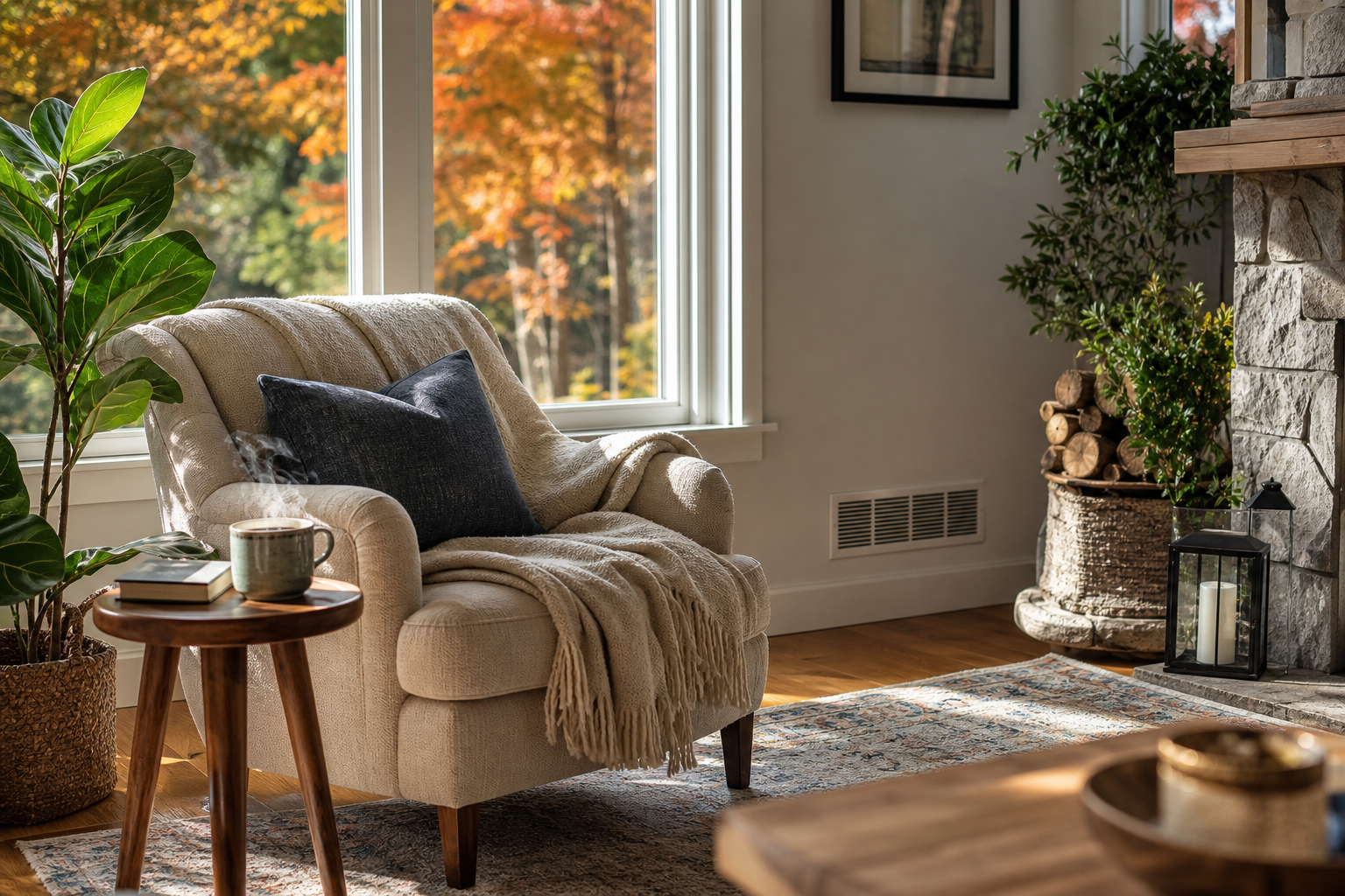 Cozy Connecticut Living Room With Tea And Fall View