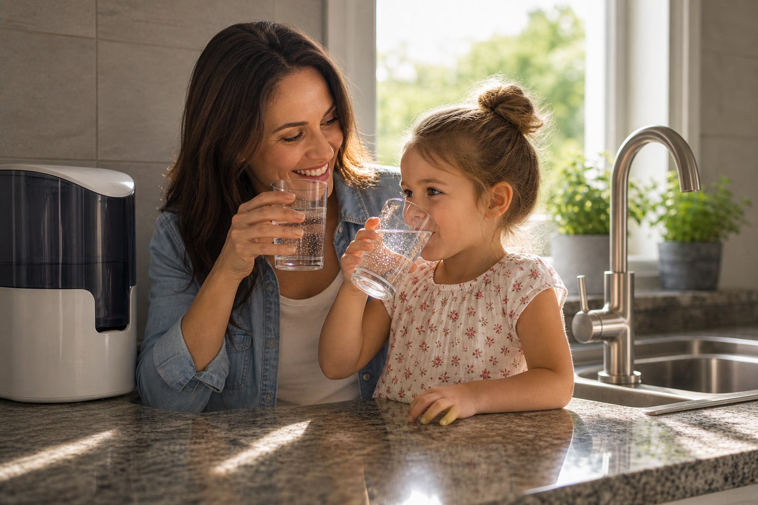 Mother and Child Drinking Water in Modern Kitchen